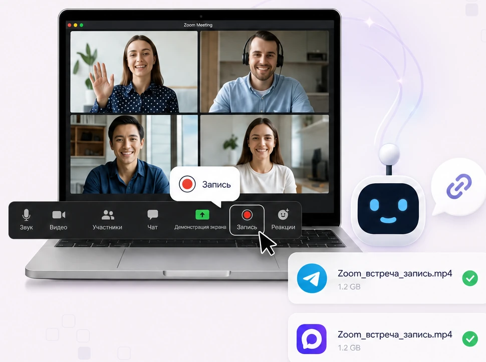 Ноутбук с конференцией Zoom, панель управления с кнопкой «Запись» и Zoom-бот, который присылает готовое видео в чат Telegram и MAX