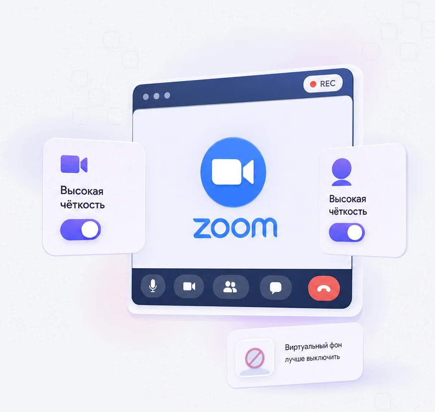 Настройки высокой чёткости камеры Zoom и предупреждение о виртуальном фоне
