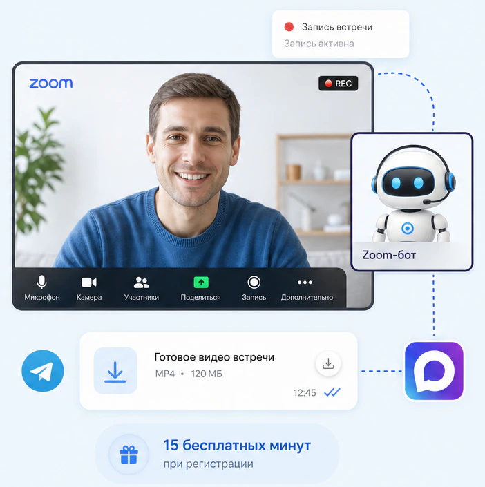 Встреча Zoom с включённой записью и Zoom-бот, который присылает готовое видео в чат