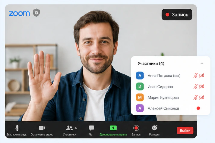 Значок записи в углу окна Zoom и отметка у имени того, кто ведёт запись