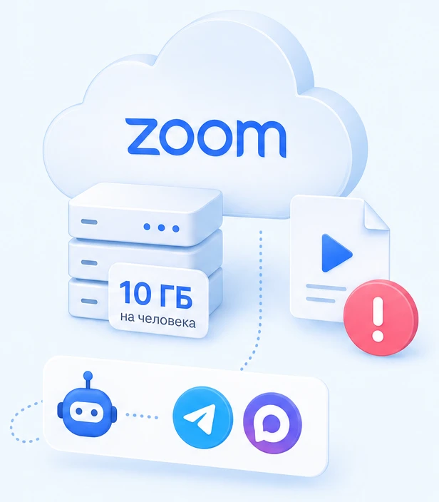 Облако Zoom с лимитом 10 ГБ на человека и файл записи в чате Telegram или MAX