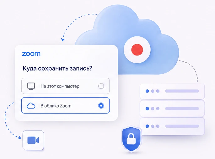 Выбор Zoom: сохранить запись на этот компьютер или в облако Zoom