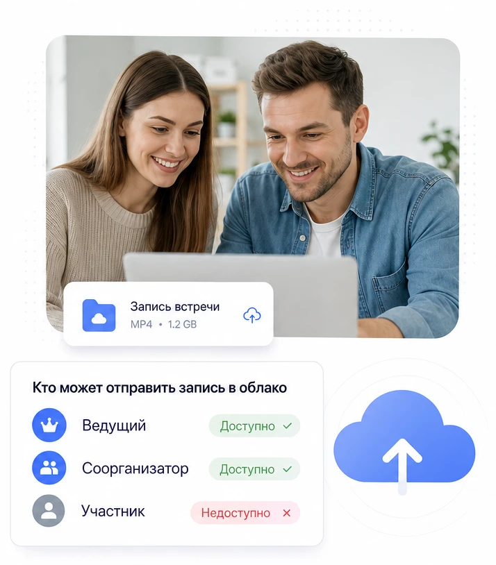 Кто может отправить запись в облако: ведущий и соорганизатор — доступно, участник — недоступно