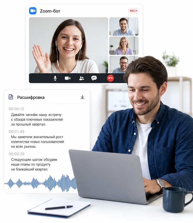 Встреча в Zoom и текстовая расшифровка речи с отметками времени