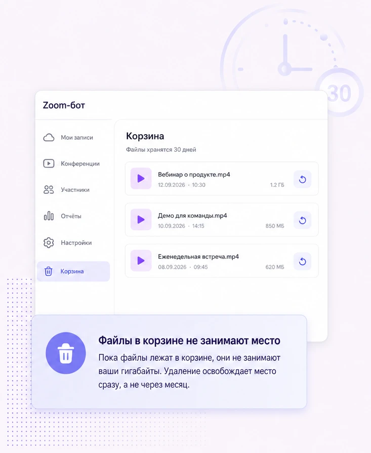 Корзина: файлы хранятся тридцать дней и не занимают гигабайты