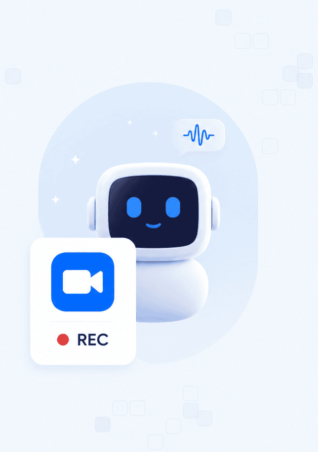 Робот Zoom-бота рядом с карточкой Zoom и индикатором REC — бот ведёт запись конференции сам
