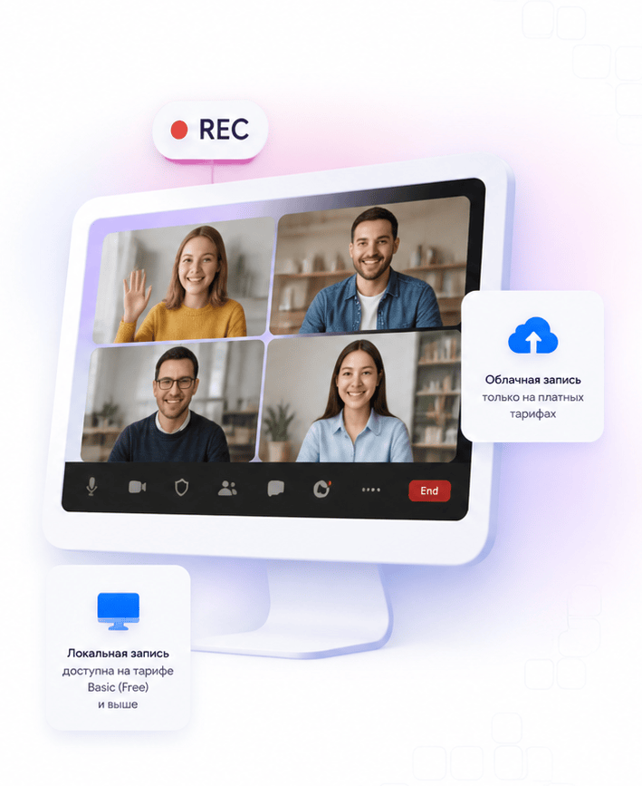 Монитор с конференцией Zoom, индикатор REC и подписи: облачная запись только на платных тарифах, локальная доступна на Basic (Free) и выше