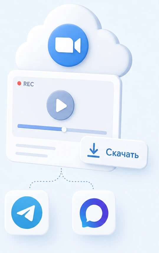 Облачная запись Zoom с кнопкой «Скачать» и готовый файл в чате Telegram или MAX