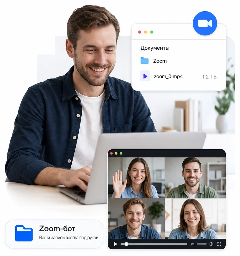Запись Zoom в папке «Документы» на компьютере и окно встречи