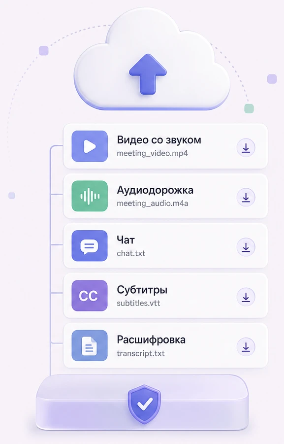 Список файлов облачной записи: видео, звук, чат, субтитры и расшифровка
