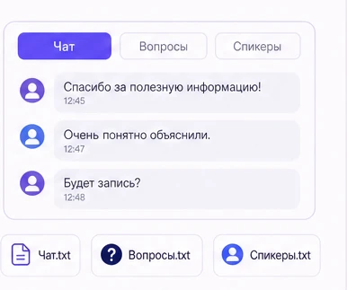 Переписка вебинара и отдельные файлы: чат, вопросы и спикеры