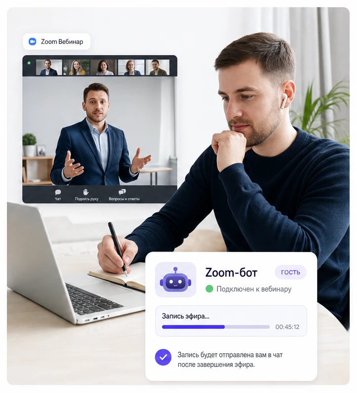 Зритель вебинара и Zoom-бот, который подключается по ссылке и присылает видео
