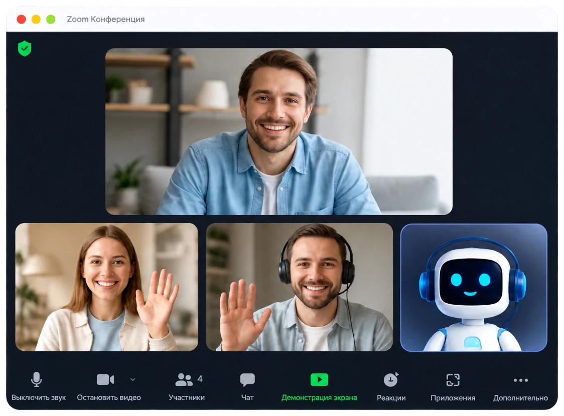 Окно конференции Zoom, где бот подключён отдельным участником