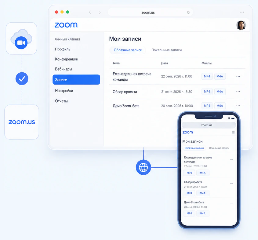 Личный кабинет на сайте Zoom с разделом «Мои записи» на компьютере и в мобильном браузере