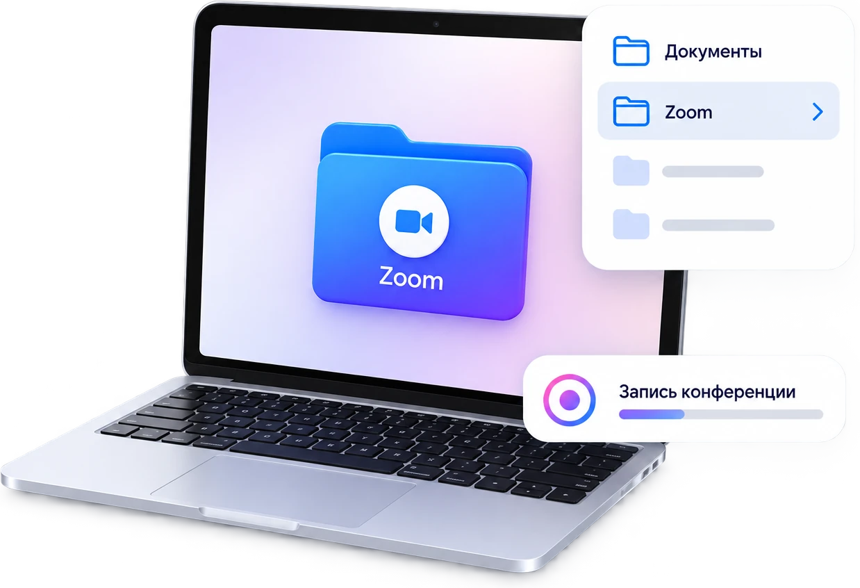 Ноутбук с открытой папкой Zoom в «Документах»