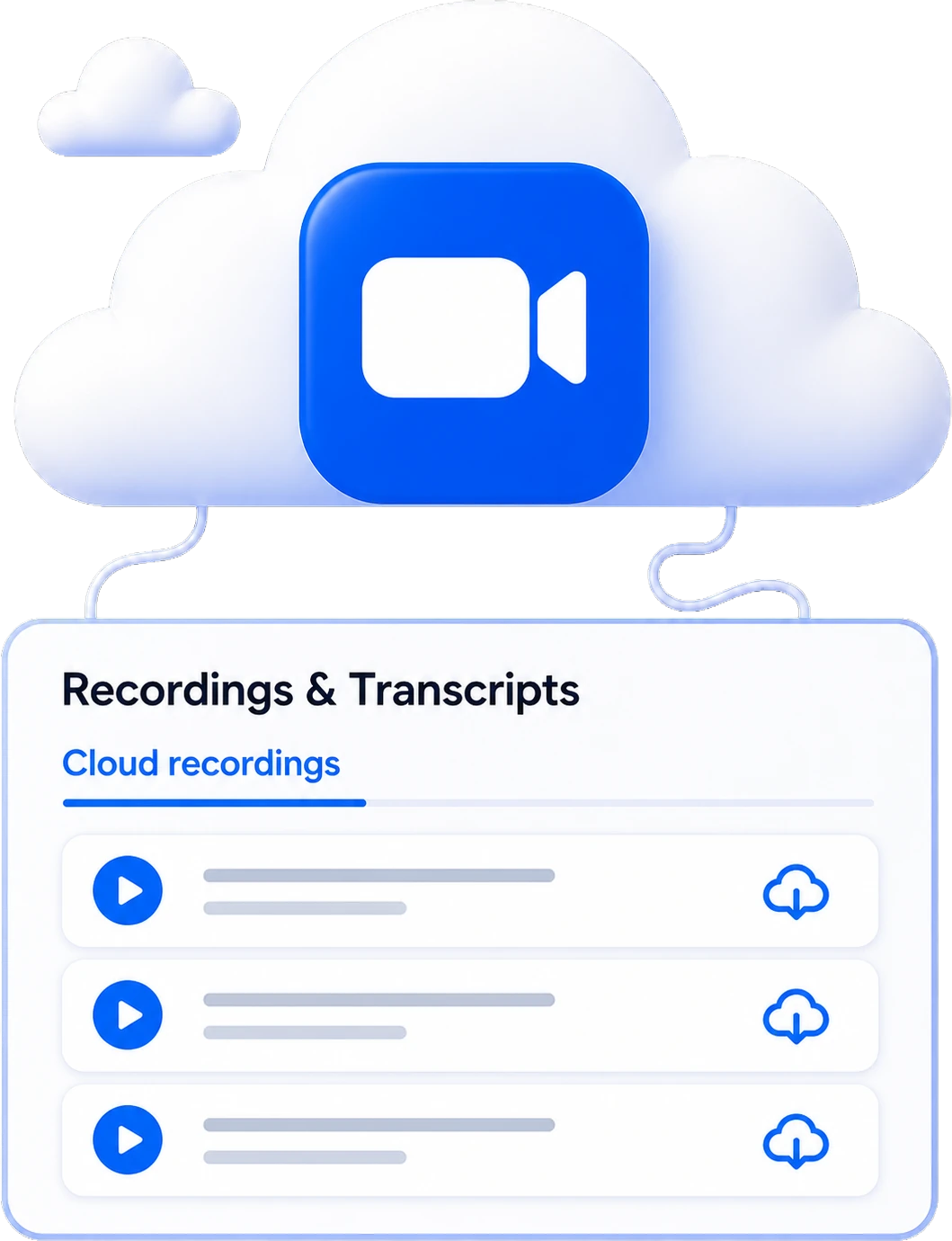 Облако Zoom и раздел Recordings & Transcripts со списком облачных записей