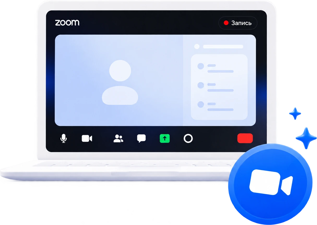 Ноутбук с идущей встречей Zoom и индикатором записи