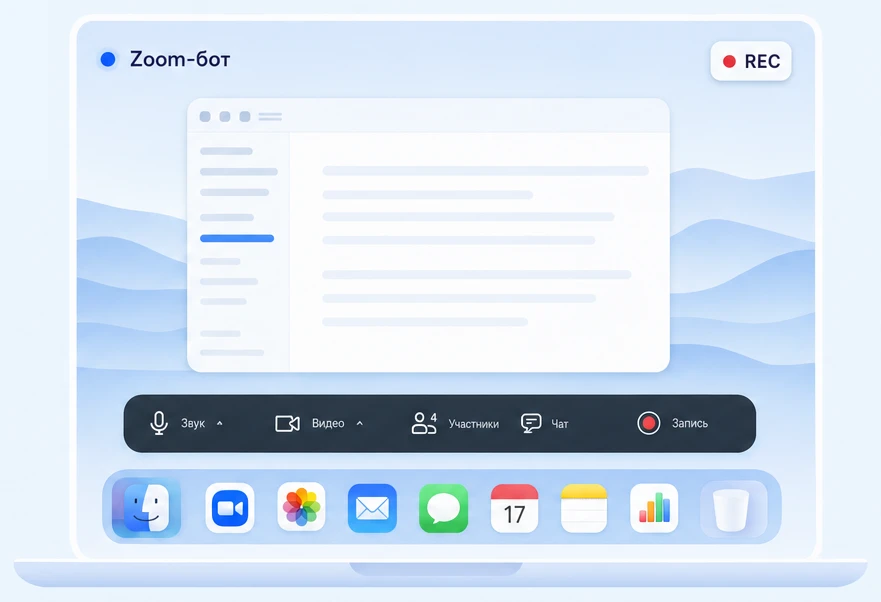 Запись экрана целиком: окно встречи Zoom, панель управления и все открытые приложения