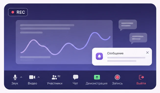 Окно встречи Zoom с всплывшим уведомлением во время записи экрана