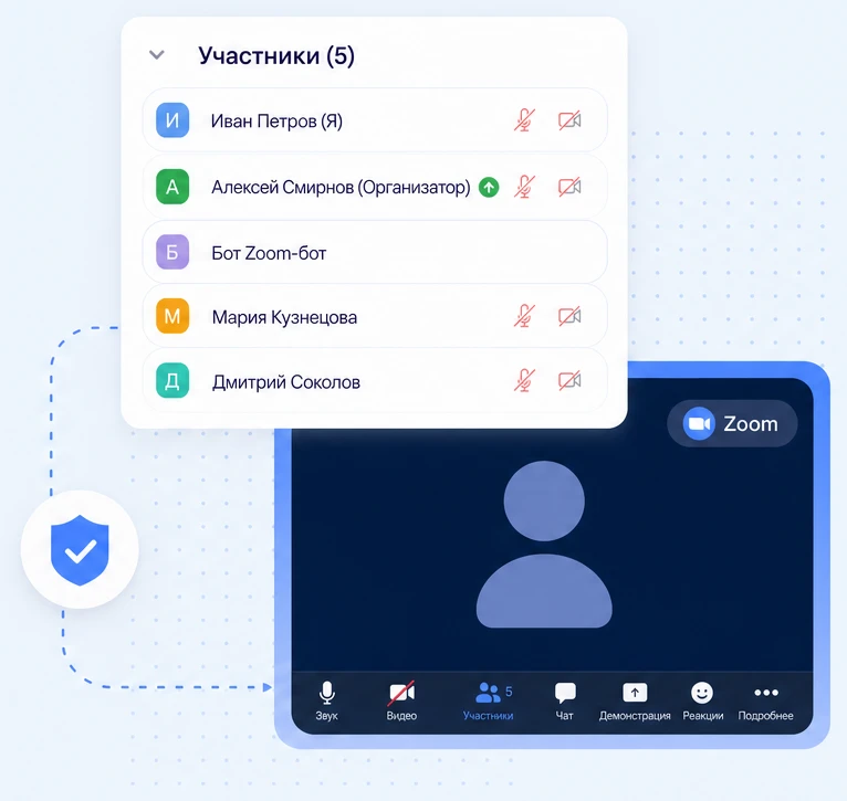 Список участников встречи Zoom, в котором бот виден как обычный гость