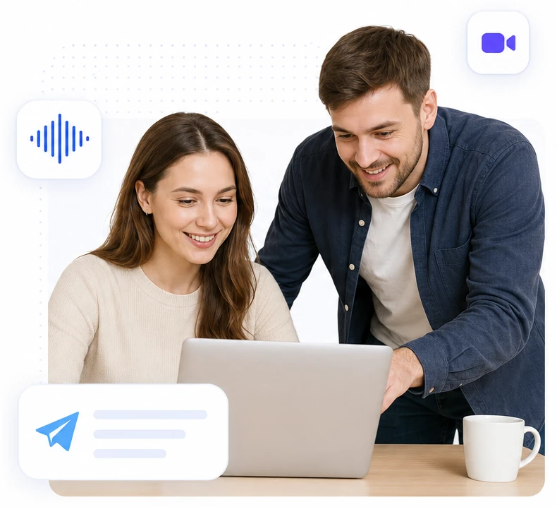Команда Zoom-бота за ноутбуком отвечает на вопросы о записи встреч