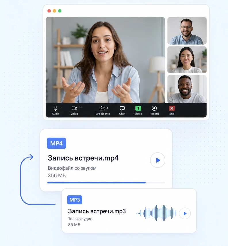 Встреча Zoom и два файла записи: видео со звуком и отдельная звуковая дорожка
