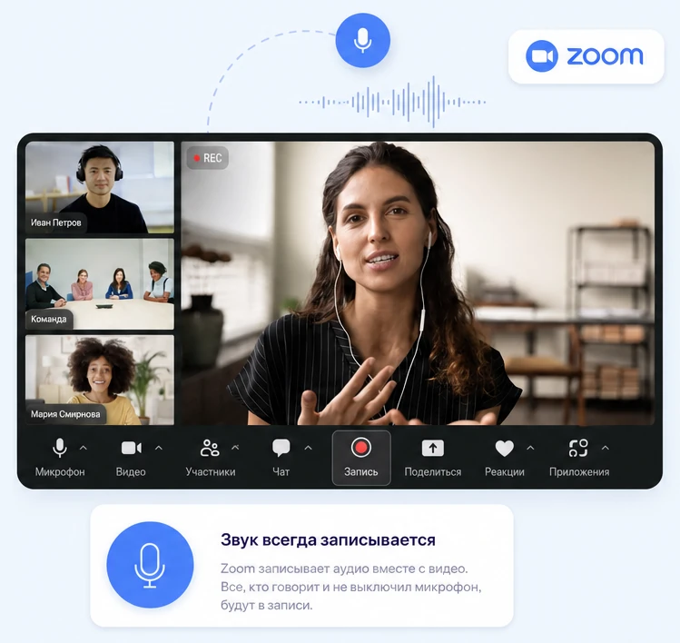 Панель конференции Zoom с кнопкой записи и подсказкой, что звук записывается всегда