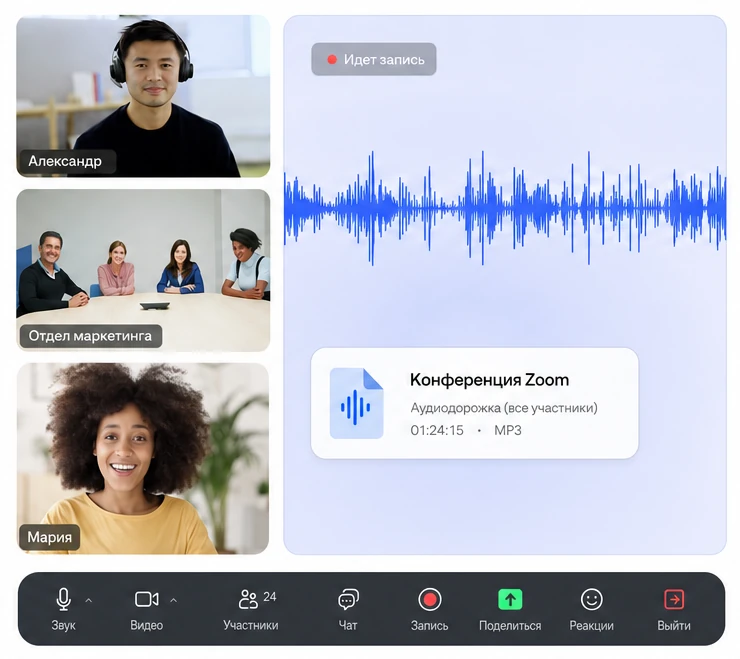 Большая конференция Zoom и общая звуковая дорожка встречи