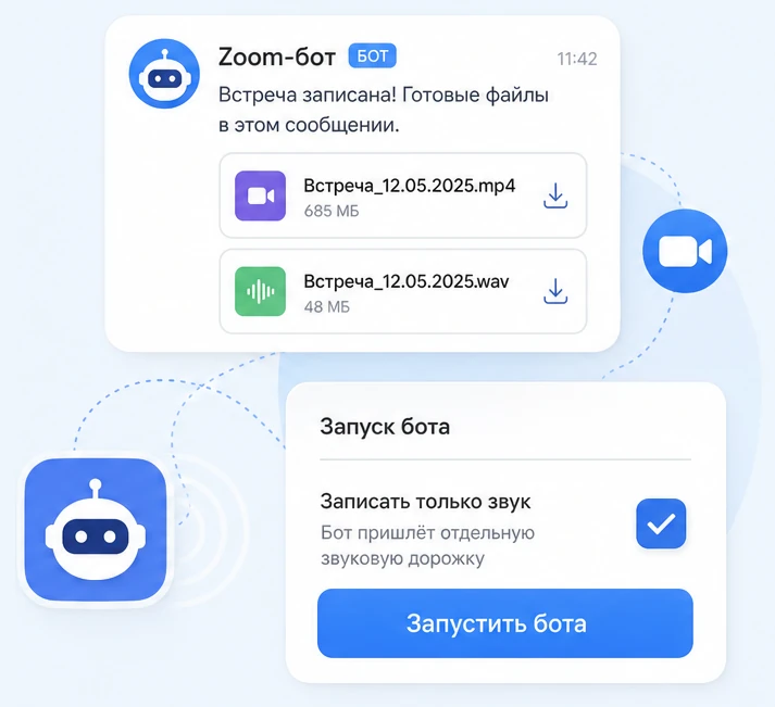Zoom-бот присылает готовые файлы встречи в чат: видео и звуковую дорожку
